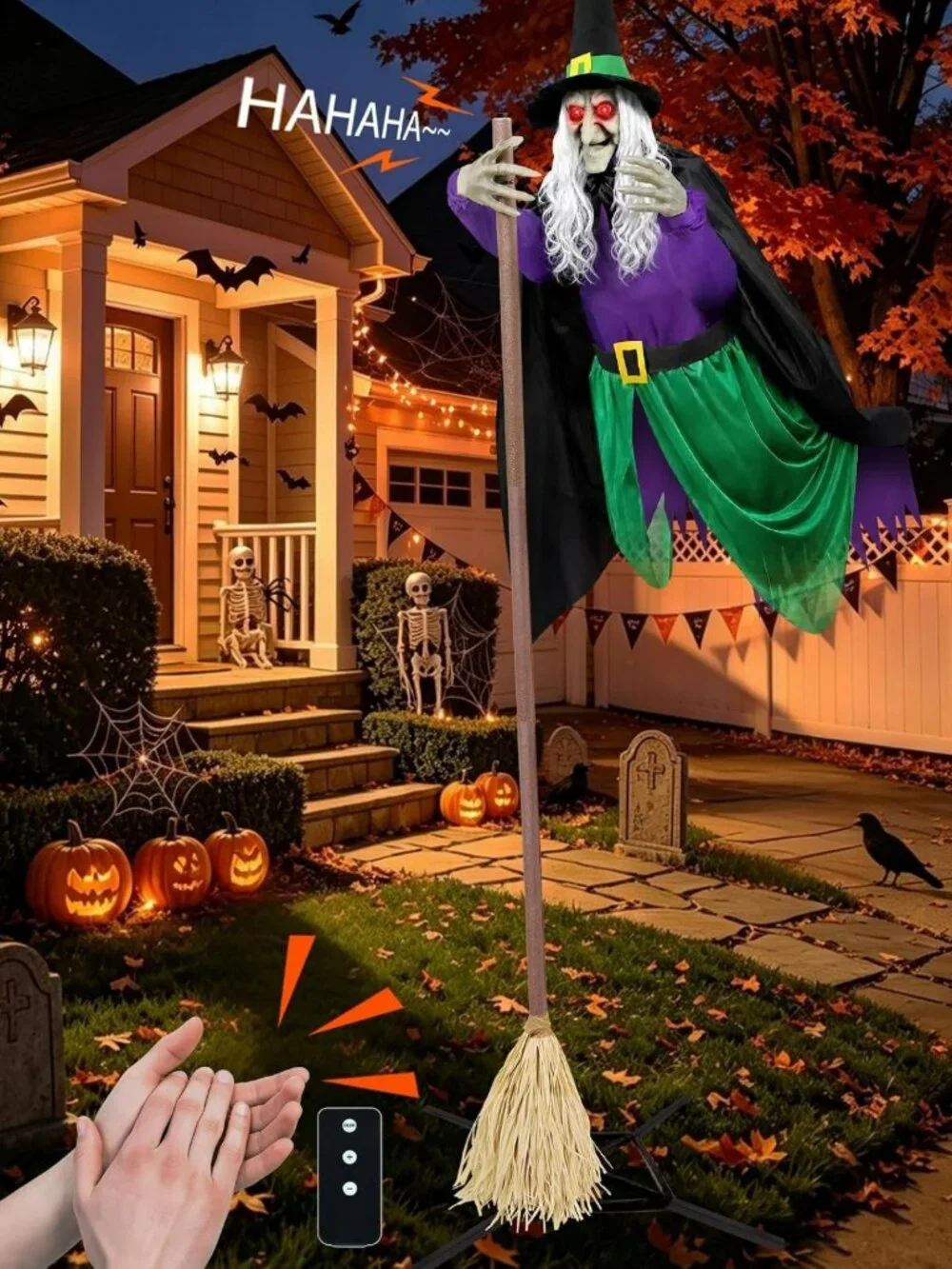 11.5 Ft Flying Witch Animatronic - Spooky Outdoor Halloween Decorations
